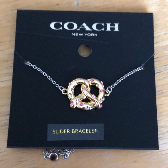 Coach Silver Tone Slider Bracelet Gold Tone Pretzel Charm Crystal Accent NWT - Picture 3 of 14